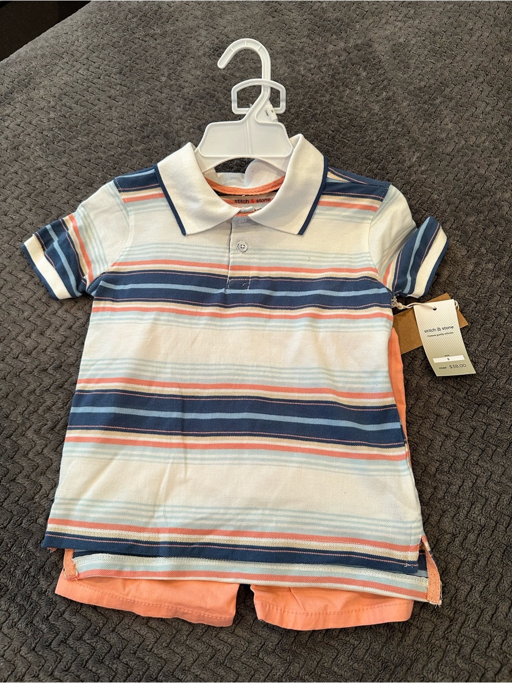 Striped Cotton Polo in White, Navy & Peach Shorts Set - Size 7/8